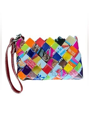 NAHUI OLLIN Woven Multi Color Wrapper Small Wristlet with Red Strap